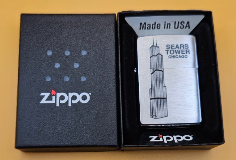 Zippo Lighter 2007 Sears Tower Chicago Souvenir, Brushed Chrome, RARE