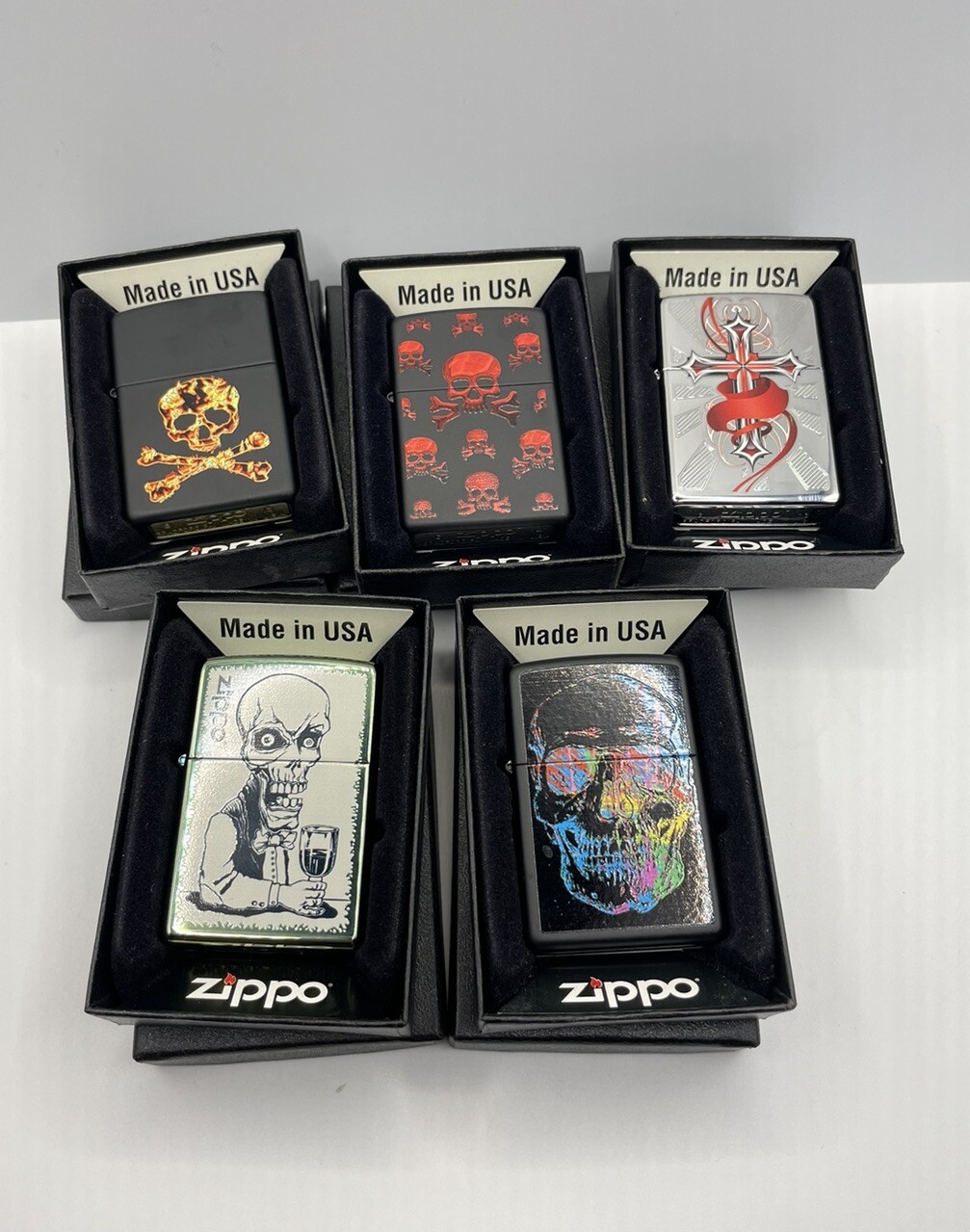 NEW Set Of 5 Zippo Lighters USA Made Skulls Cross Y2K Genuine Black Silver