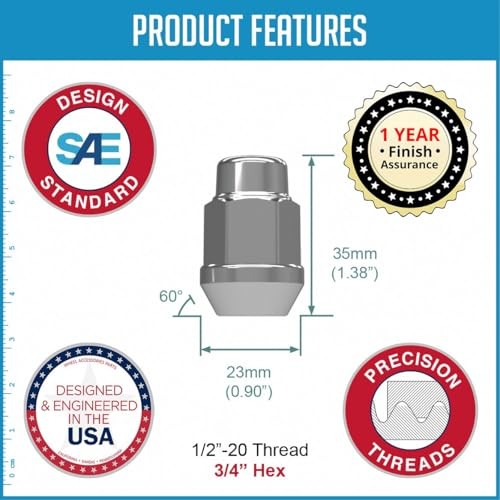 10 Pcs-20 Thread Bulge Acorn 35mm 1.38″ Long Lug Nuts 3/4″ 10 Pack Chrome 1/2″