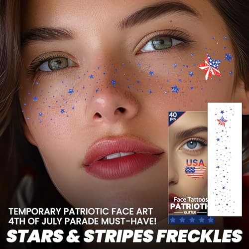 4th of July Decorations, Glitter Freckles Face Tattoo with American Flag