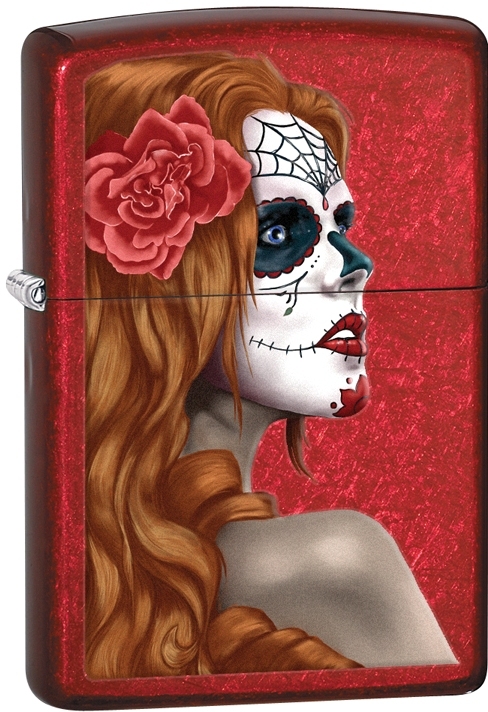 Zippo 2015 Catalog Day Of Dead Girl Skull W/ Rose Candy Apple Red Lighter 28830