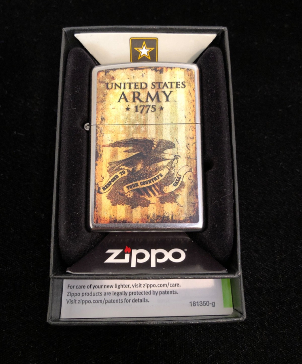Zippo Lighter, 49315 U. S. Army, Flag with Eagle & 1775, Extra wick & flints