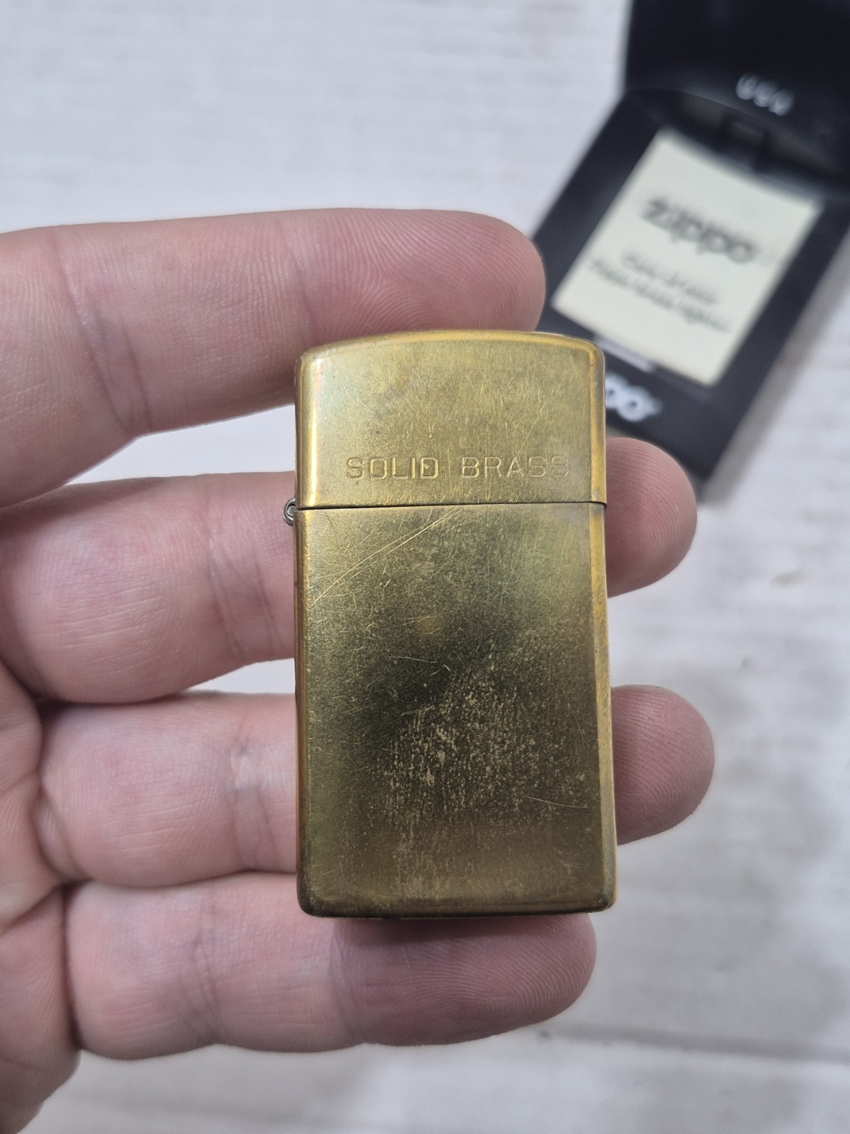 Vintage Zippo Slim Solid Brass Lighter 1932 -1991 w/Plastic Case Used USA SEE