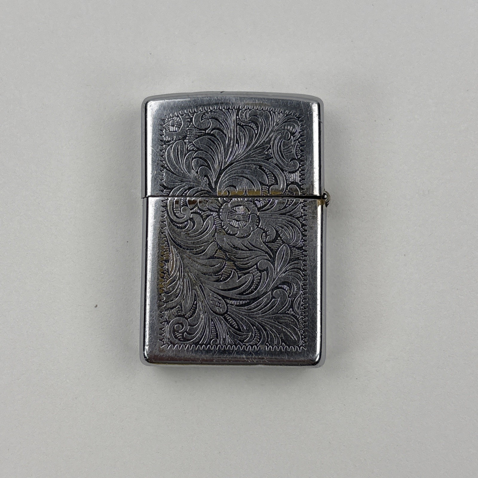 Vintage 1980’s Zippo Slim Lighter Etched Floral Scroll Filigree Silver Chrome