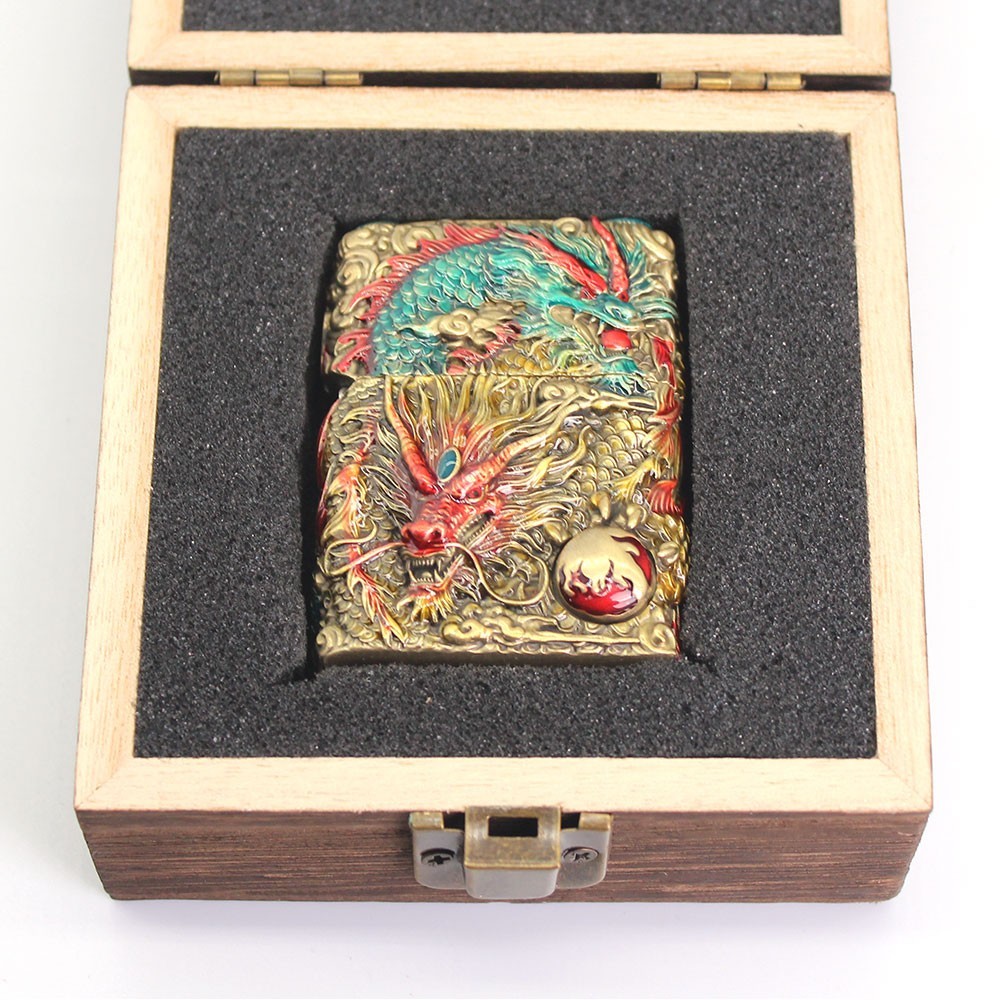 Zippo lighter Asia Full Cover Custom/ 3D Double Dragon Bite Cintamani Wooden Box