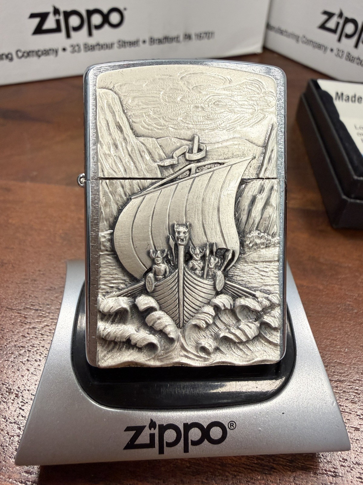 GENUINE Zippo Lighter VIKING SERIES SHIP FJORD Brushed Chrome 2007 NEW IN BOX