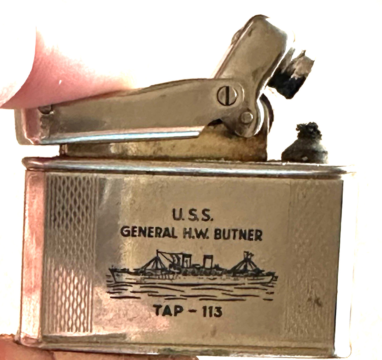 MILITARY IBELO MONOPOL CIGARETTE LIGHTER USS GENERAL H. W. BUTNER TAP 113