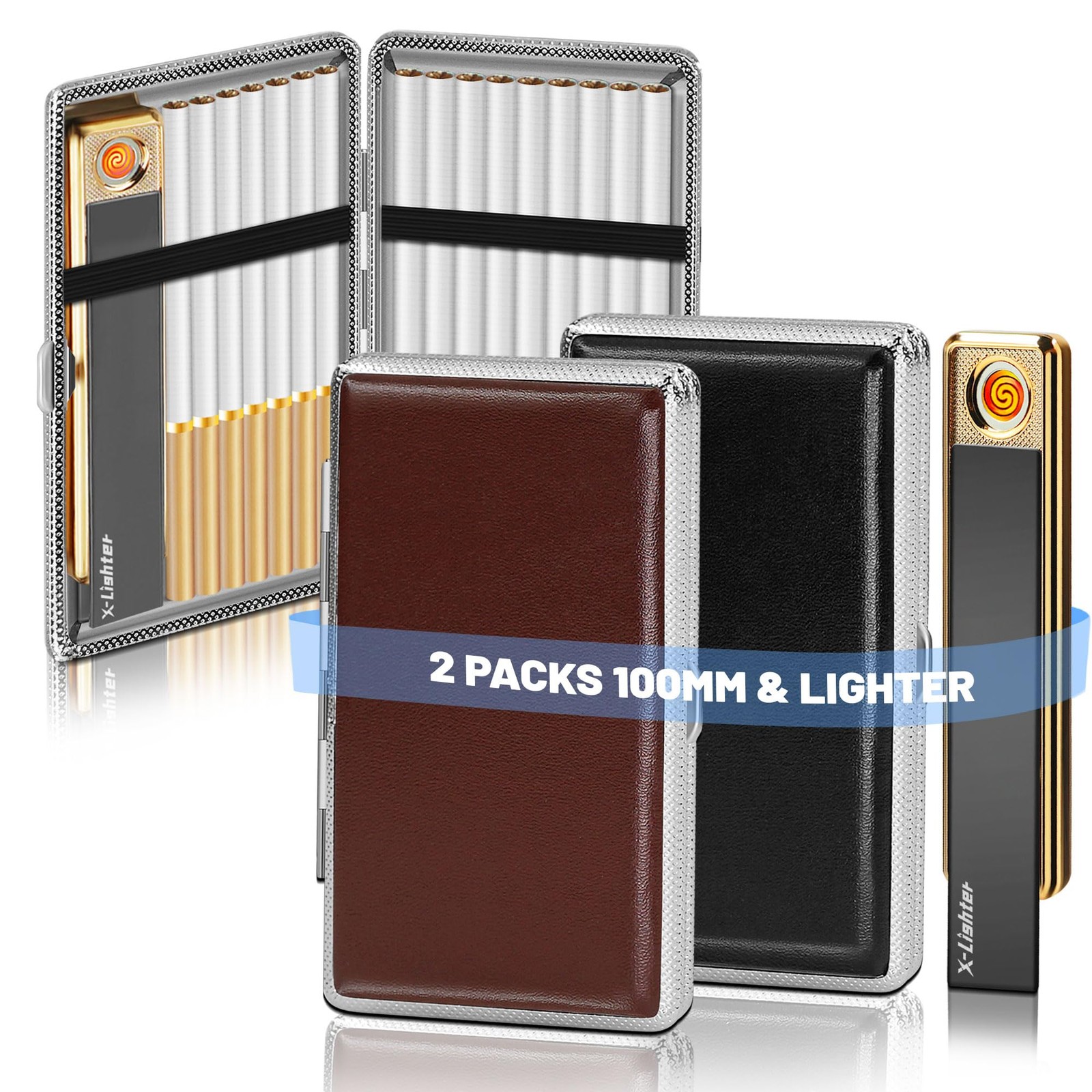 X-LIGHTER 2 Pack of Cigarette Case with Lighter for 100’s King Black + Brown