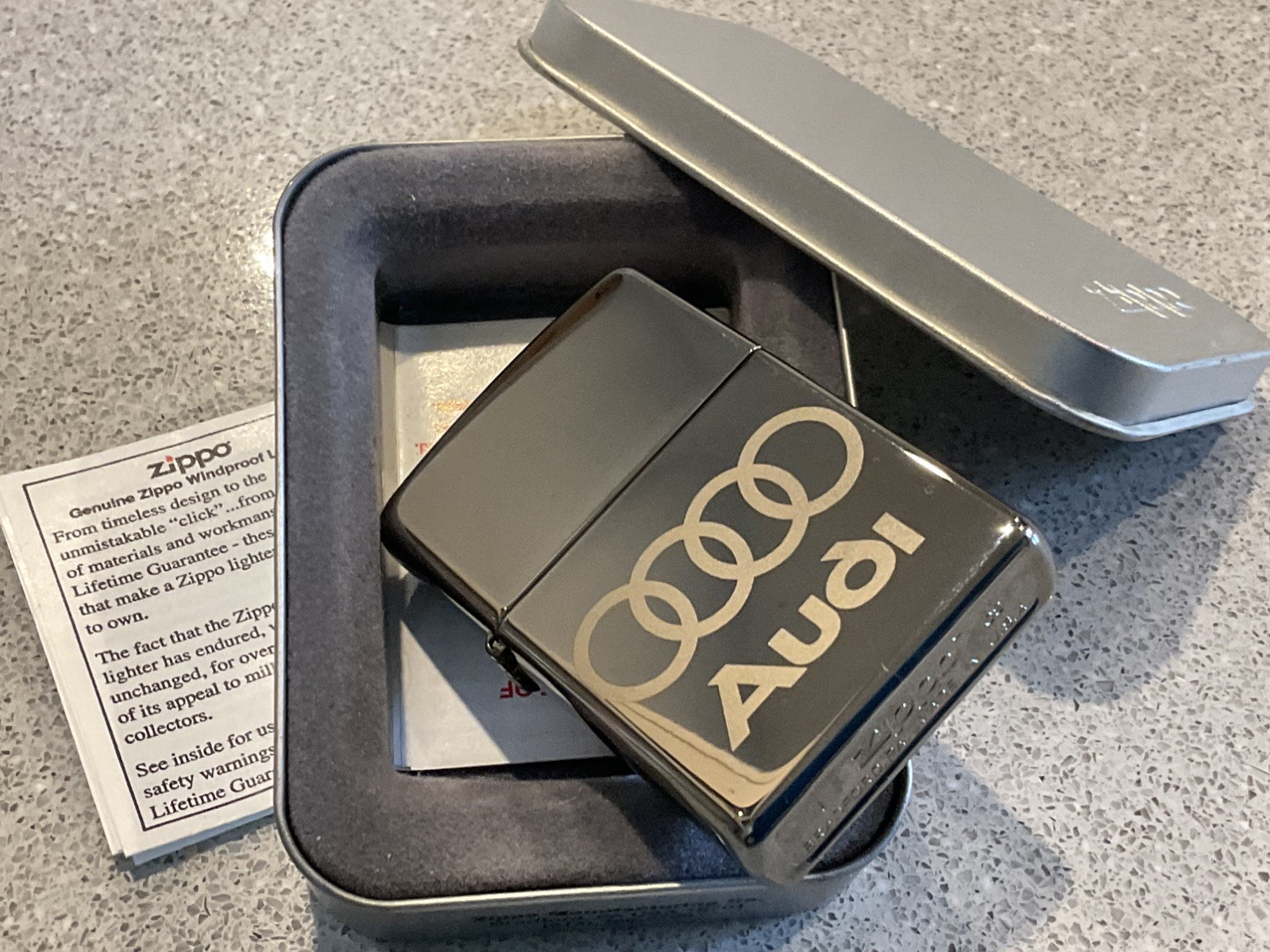 Genuine Brand New 2015 ZIPPO Lighter AMAZING ETCHED AUDI LOGO Black Ice Chrome