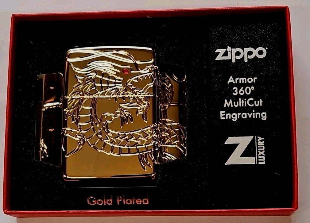 ZIPPO LIGHTER CHINESE DRAGON GOLD PLATED ARMOR 360° MULTICUT ENGRAVING NEW