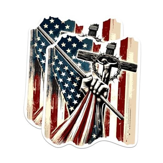 (2 Pack) USA Flag with Crucifix Cross Patriotic Magnets – 5 Inches On Longest