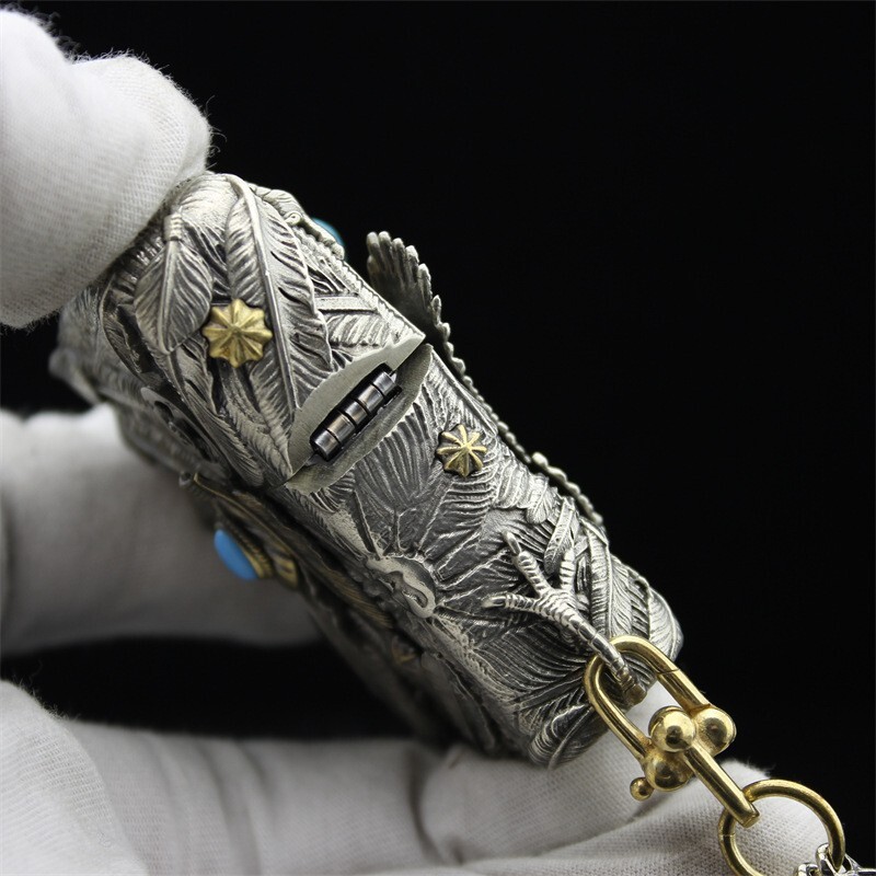 Tibetan Silver Heavy Armor Zippo Lighter – Turquoise Sun & Eagle Feathers