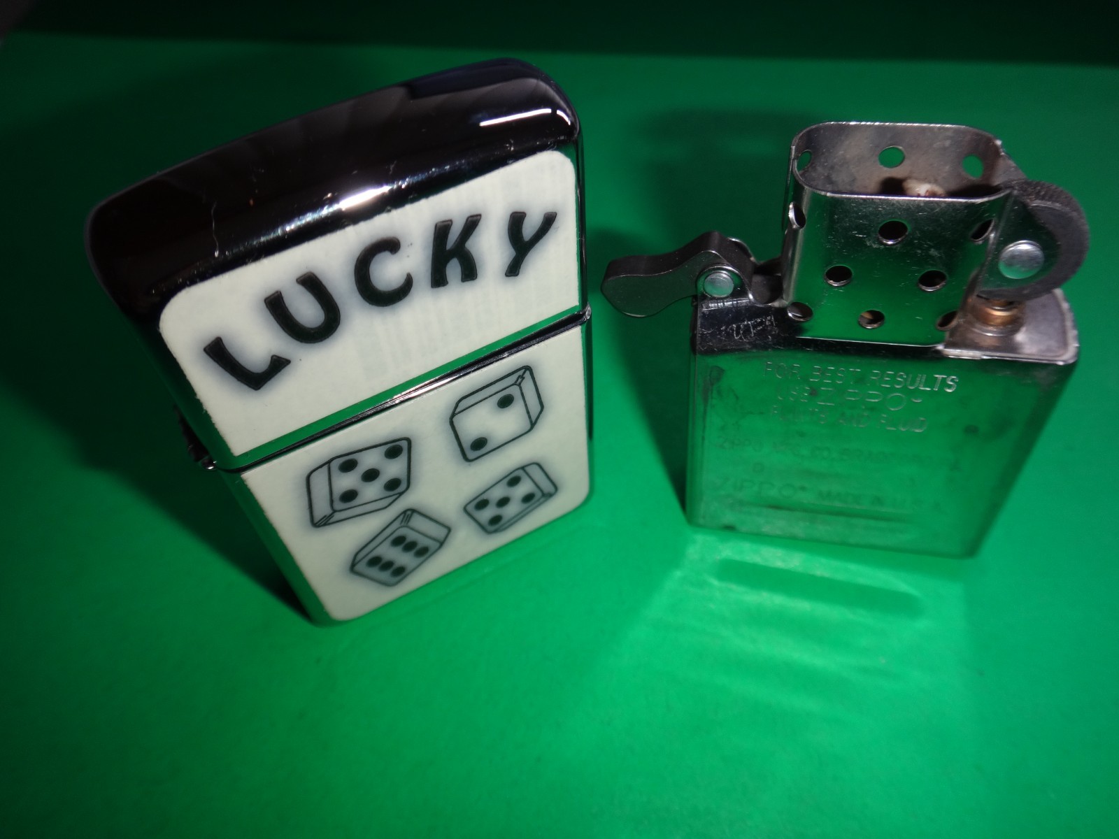 Year 2013 Polished Chrome Zippo Lighter LUCKY and 4 DICES Sticker