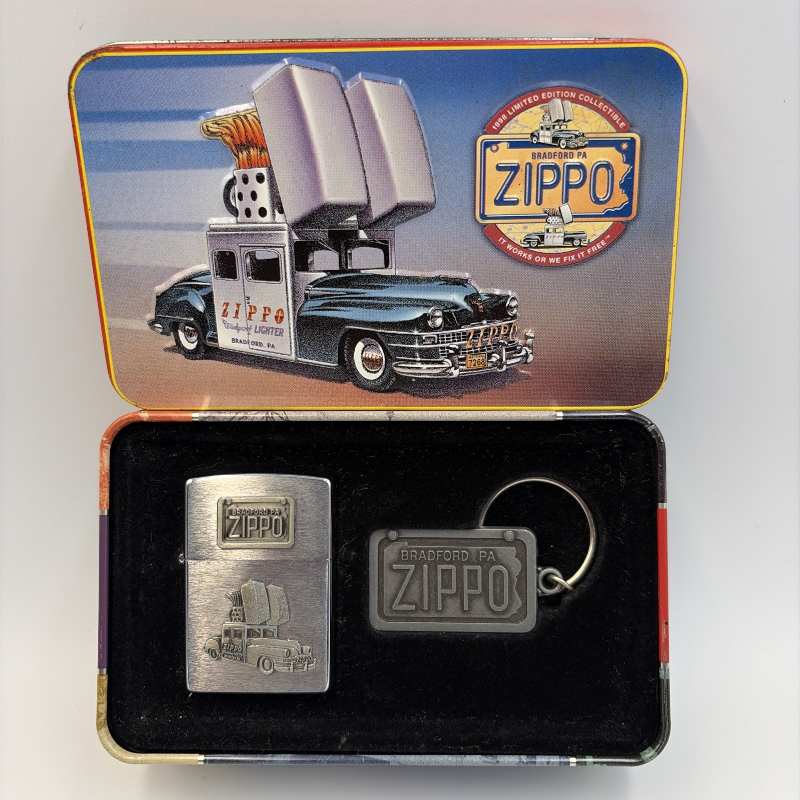 1998 Zippo Lighter & Keychain Set Zippo Car Limited Edition Tin Box Bradford PA