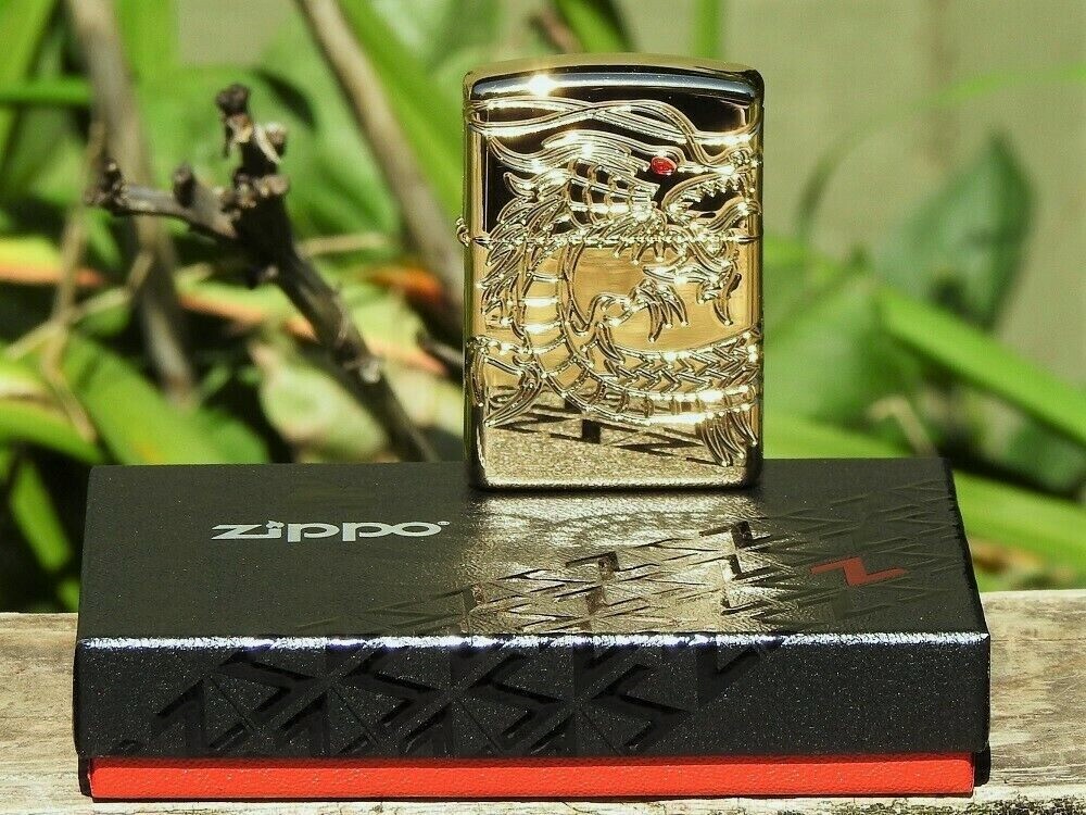 Zippo Lighter – Chinese Dragon – 360 Degrees Multi-Cut Armor Case – Gold Plated