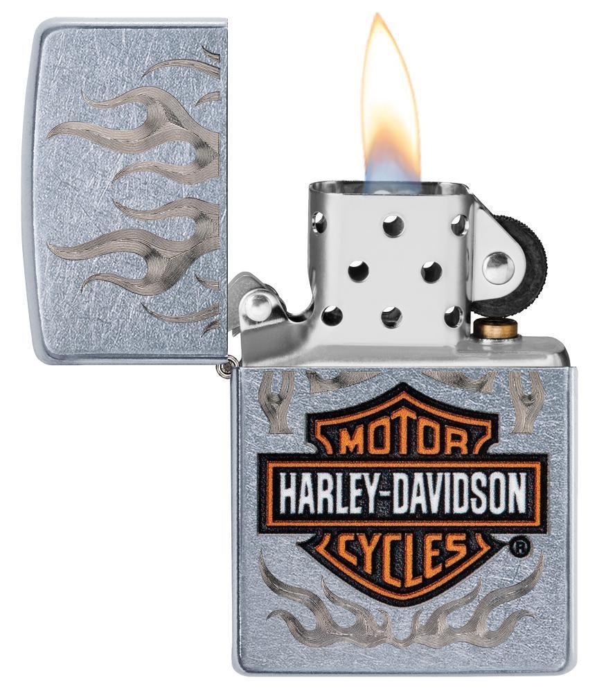 Zippo Harley Davidson Satin Chrome Lighter With Logo & Flames, 29904, New In Box