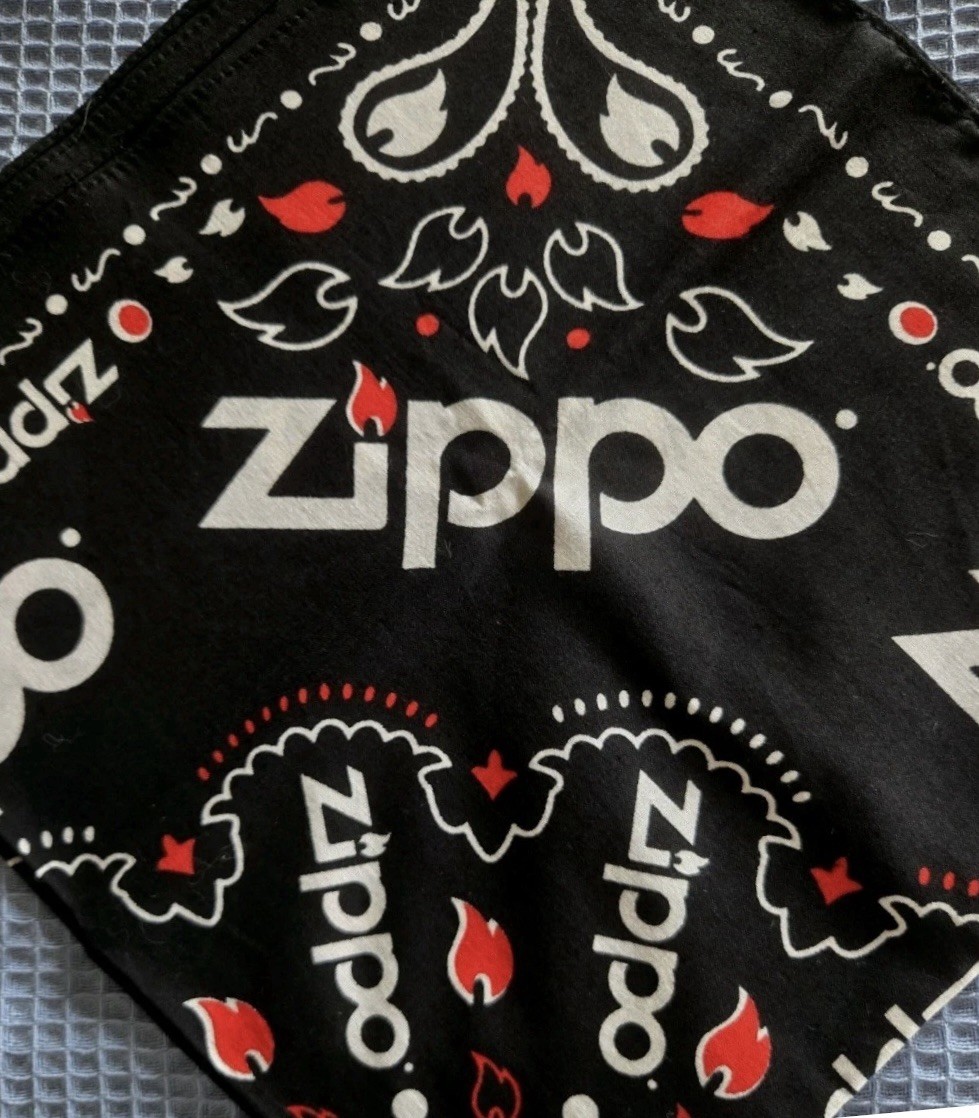 Vintage ZIPPO Lighter Brand Red Black BANDANA Handkerchief Zan HEADGEAR 22 x21