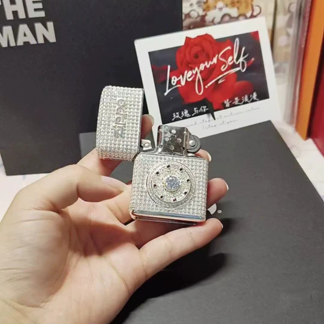 Zippo Lighter with Full Crystal Decoration, Eight-Treasure Compass Design