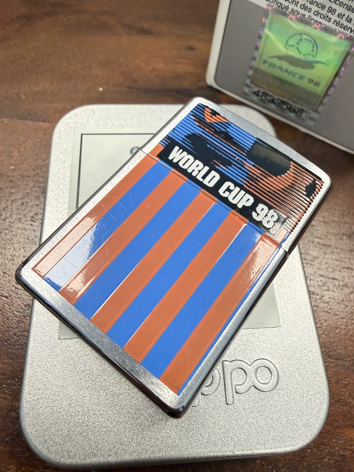 GENUINE Zippo Lighter FRANCE WORLD CUP 98 Brushed Chrome NEW IN TIN