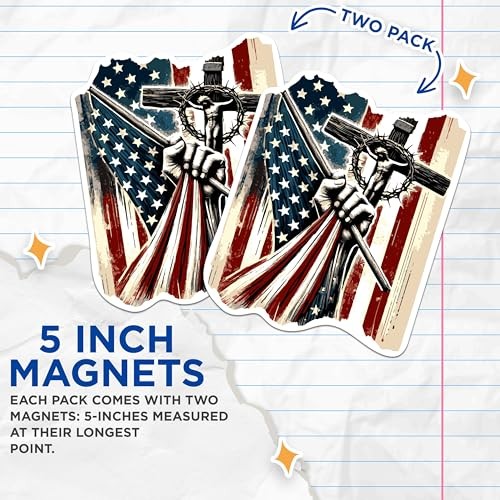 (2 Pack) USA Flag with Crucifix Cross Patriotic Magnets – 5 Inches On Longest