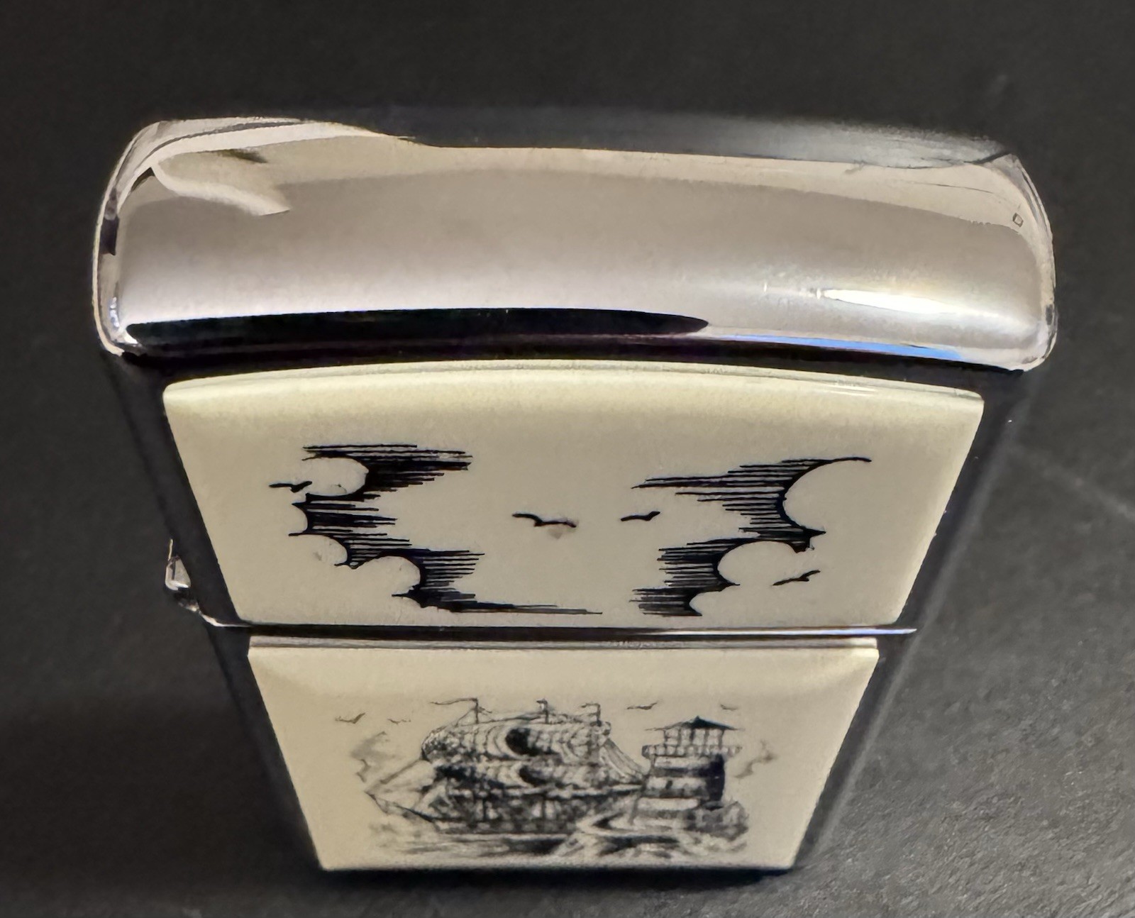 Zippo 1991 VII Scrimshaw Tall Ship Lighthouse Unfired Lighter with Tin & Papers