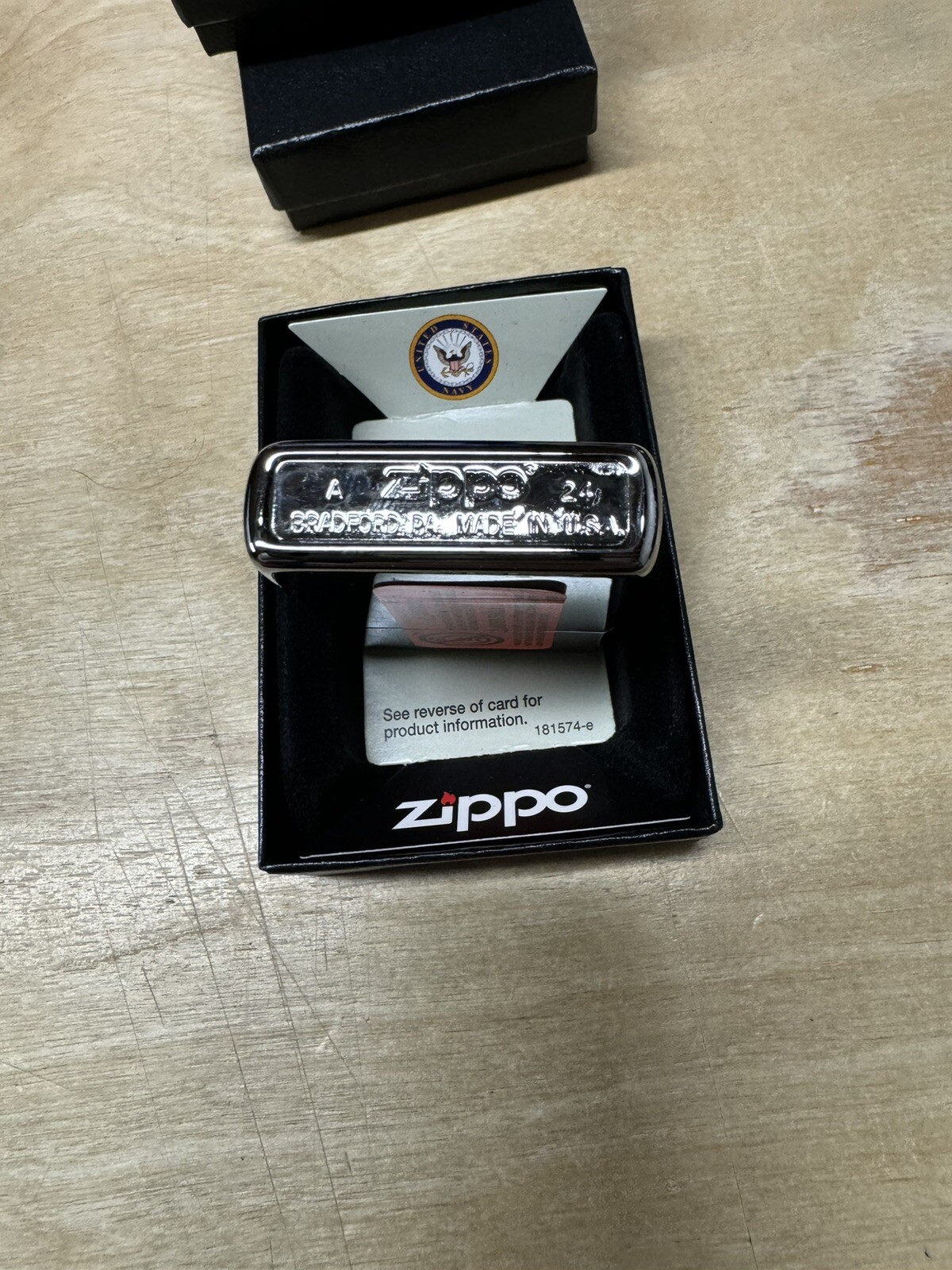 Zippo US Navy Logo with Flag on Chrome Silver Lighter – 250 – New