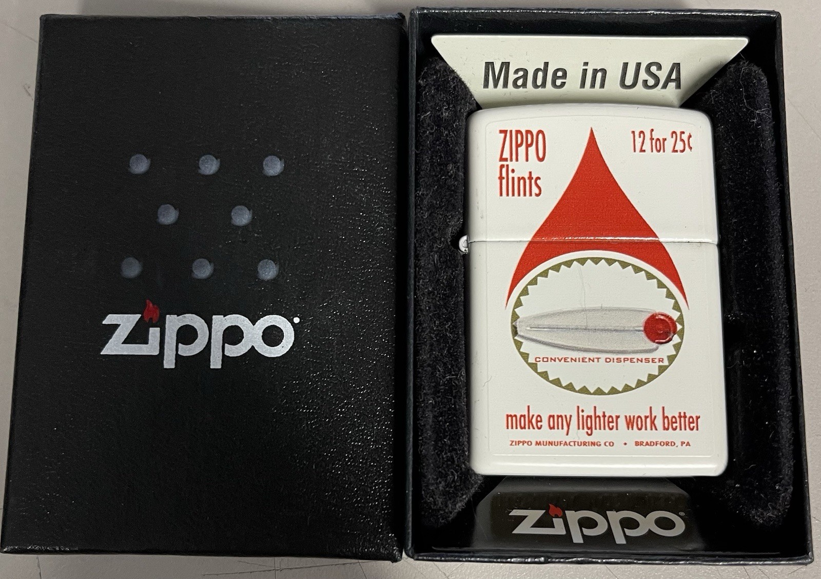 ZIPPO 2012 ZIPPO FLINTS 12 FOR 25¢ LOGO WHITE MATTE LIGHTER UNFIRED IN BOX A452