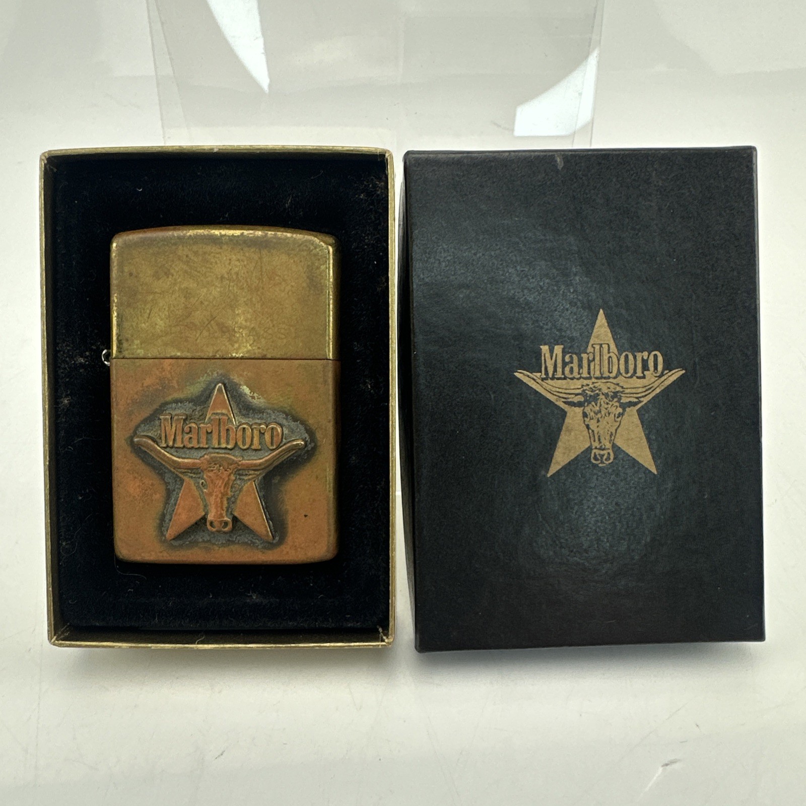 Zippo Solid Brass Marlboro Embossed Lighter W/Box NOT ENGRAVED 1991 Free Ship