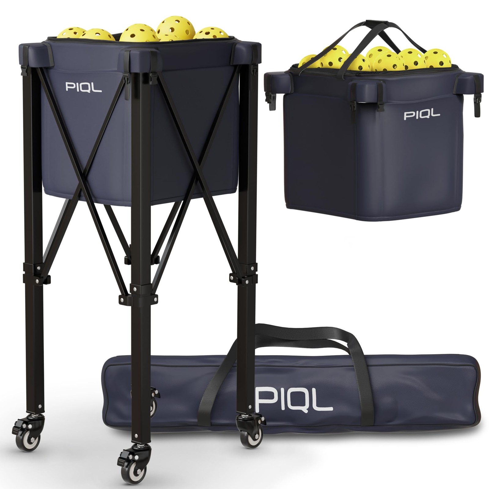 Piql Navy Blue Pickleball Ball Caddy – Wheeled Cart Storage Bag – 100