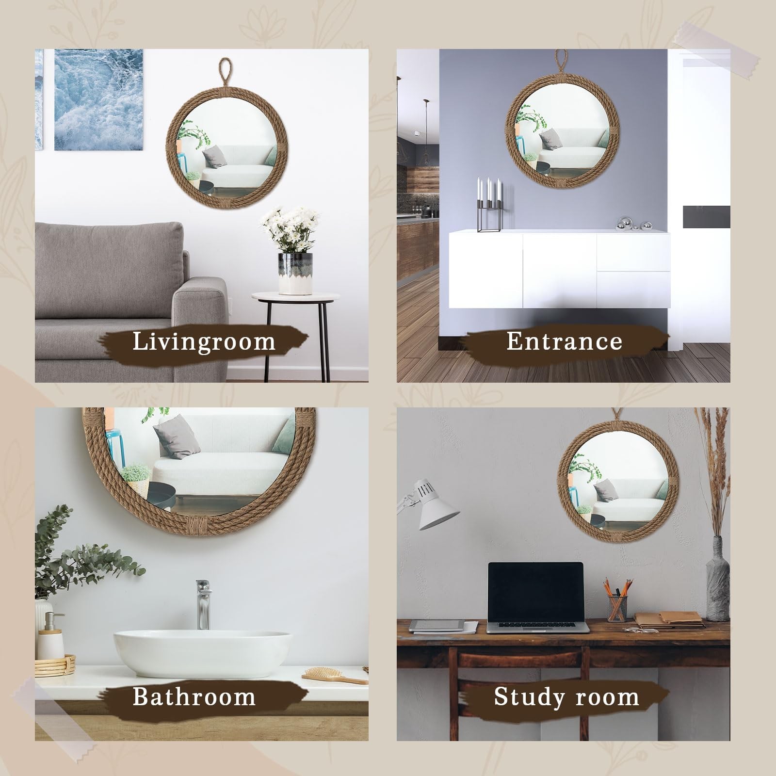 Nautical Mirror 24 Wall Decor with Rope Wrapped Trim and Hanging Loop Round C…