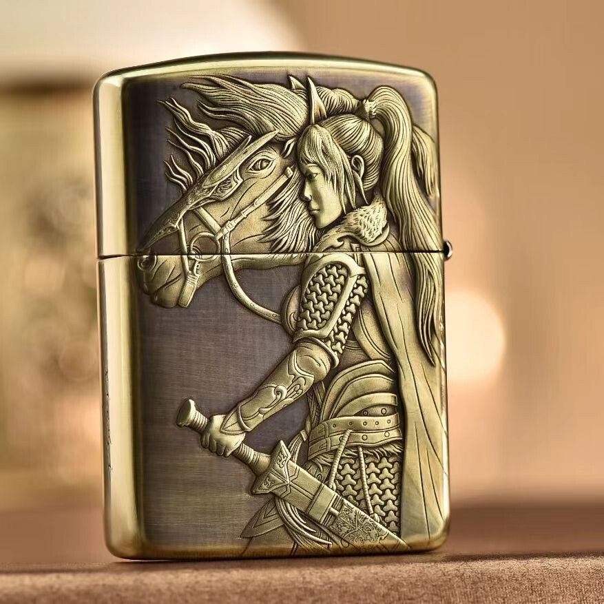 Mulan Zippo Lighter 3D Relief Pure Copper Armor Heroine Design Kerosene Gift