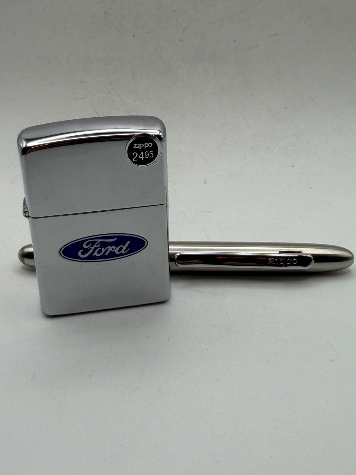 Vintage 2007 Blue Ford Oval High Polish Chrome Zippo Lighter & Pen Set New