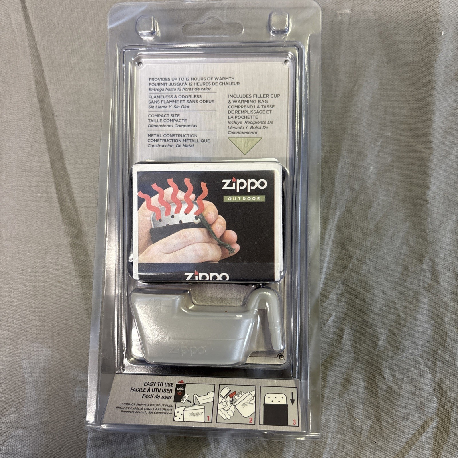 ZIPPO OUTDOOR HAND WARMER HIGH POLISH CHROME CLAMSHELL 12 HOURS WITH WARM BAG