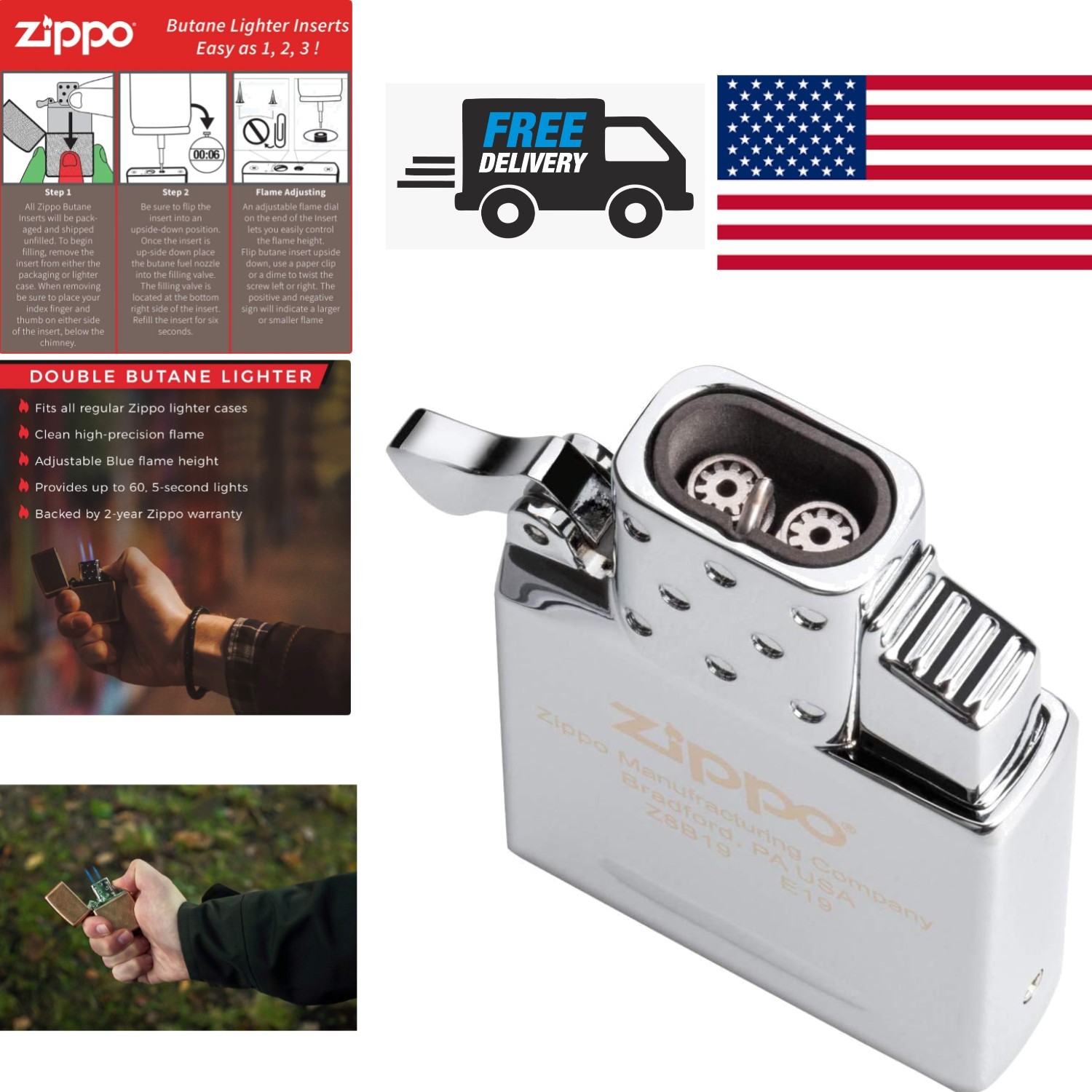 Rugged Double Flame Butane Insert Refillable Windproof Lightweight Metal Design