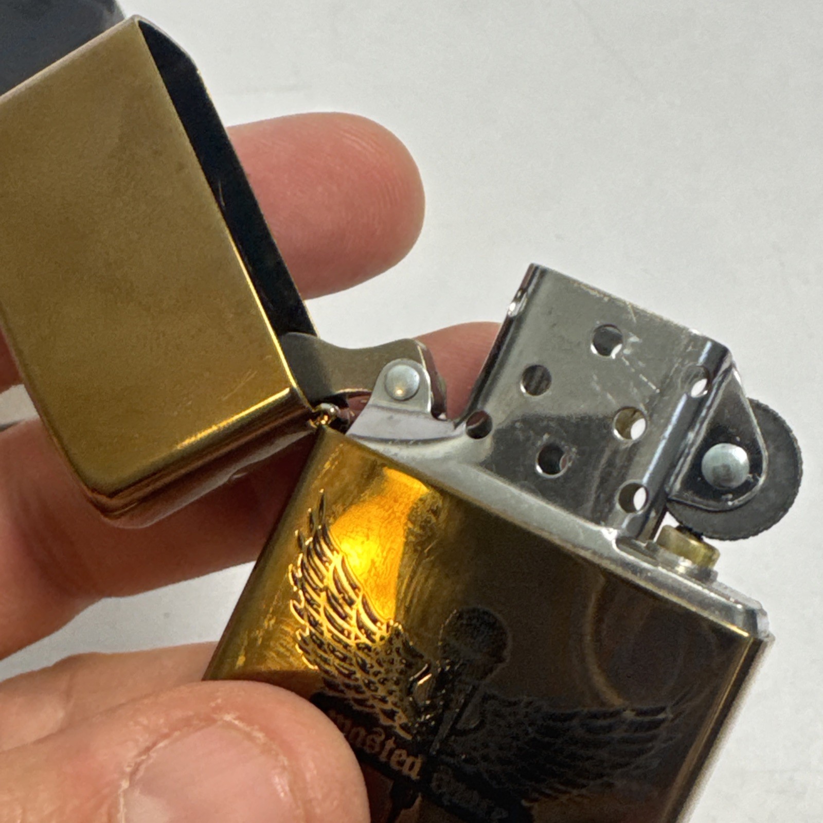 Rare HTF Brass Zippo Lighter Wasted Space #20447 Music Microphone Wings Clean
