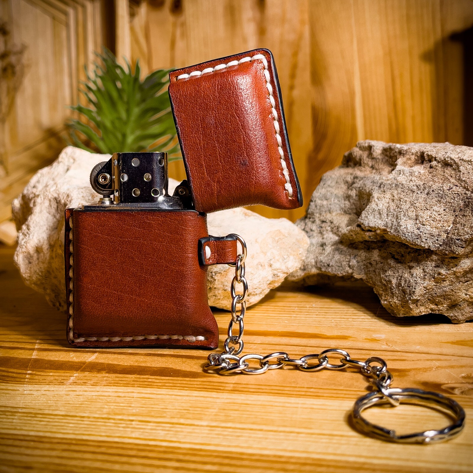 Leather Zippo lighter case with chain. Cover for petrol lighter. Handmade.