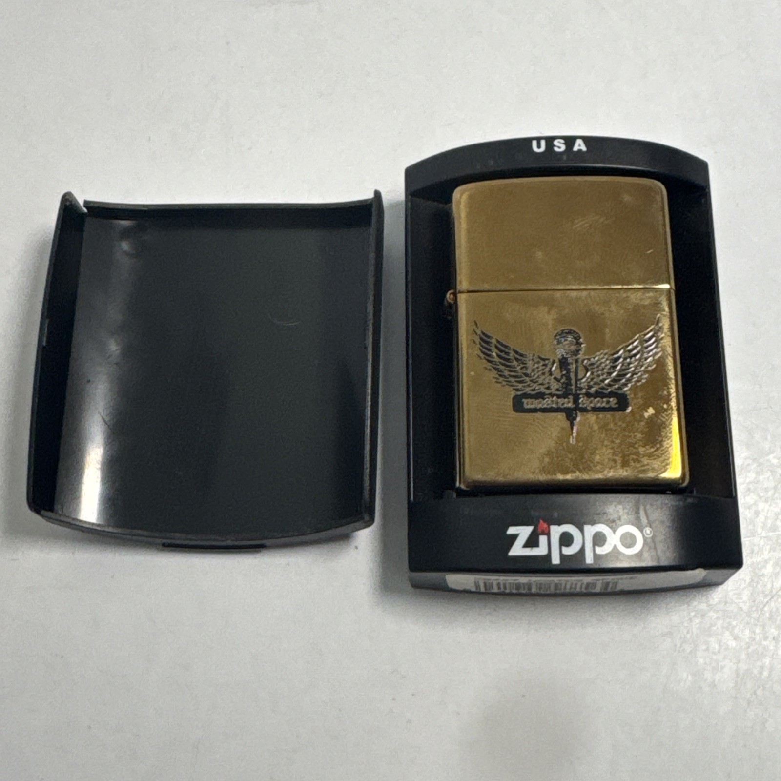 Rare HTF Brass Zippo Lighter Wasted Space #20447 Music Microphone Wings Clean