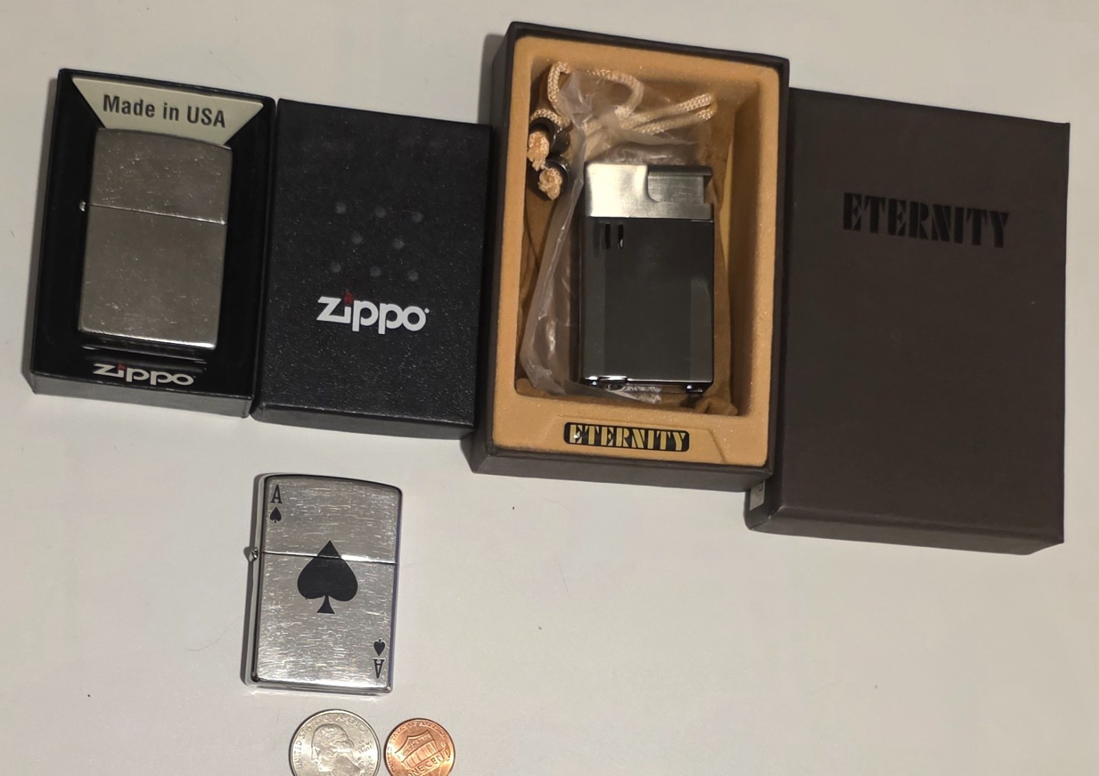 Lot of 3 Lighters, Zippo, Eternity, Ace of Spade, Some in Boxes
