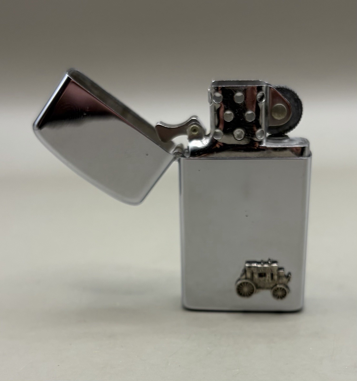 Vintage Zippo Slim No. 1610 High Polish Chrome Stagecoach Lighter NOS Boxed