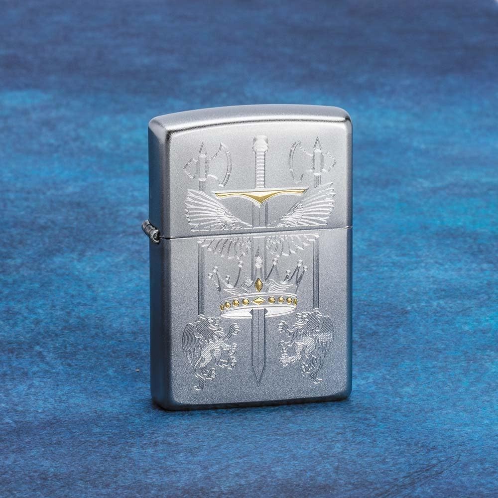 Zippo Sword Design Satin Chrome Windproof Pocket Lighter, 205-074230