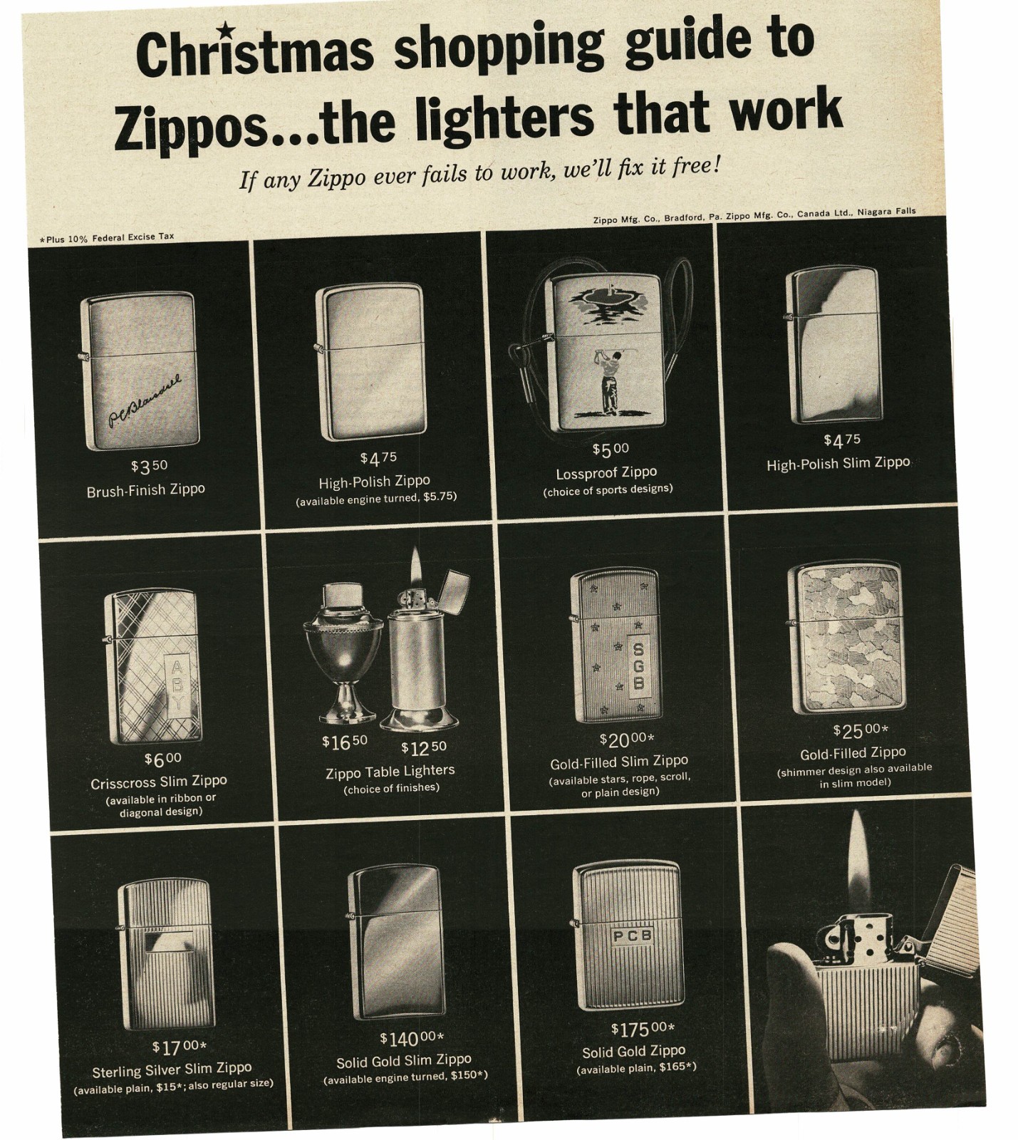 1962 Zippo Lighters Vintage Print Ad Christmas Shopping Guide Slim Lighter MCM