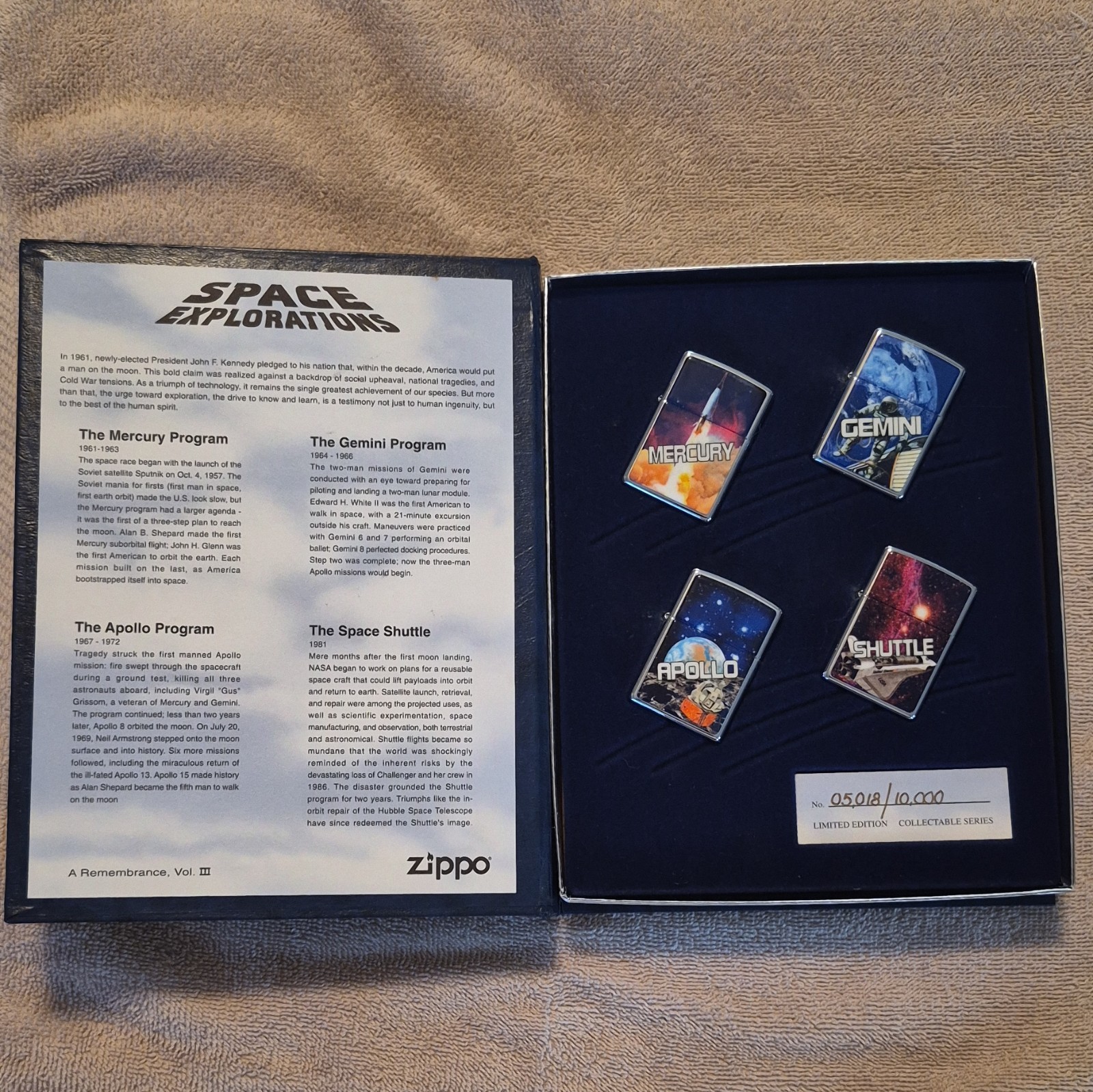 Zippo Space Explorations Set Mercury Gemini Apollo Shuttle 0508/1000