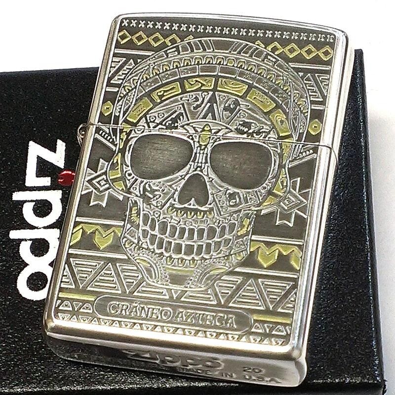 Zippo oil lighter Aztecah Skull Face Side Etching Silver Cross Japan New