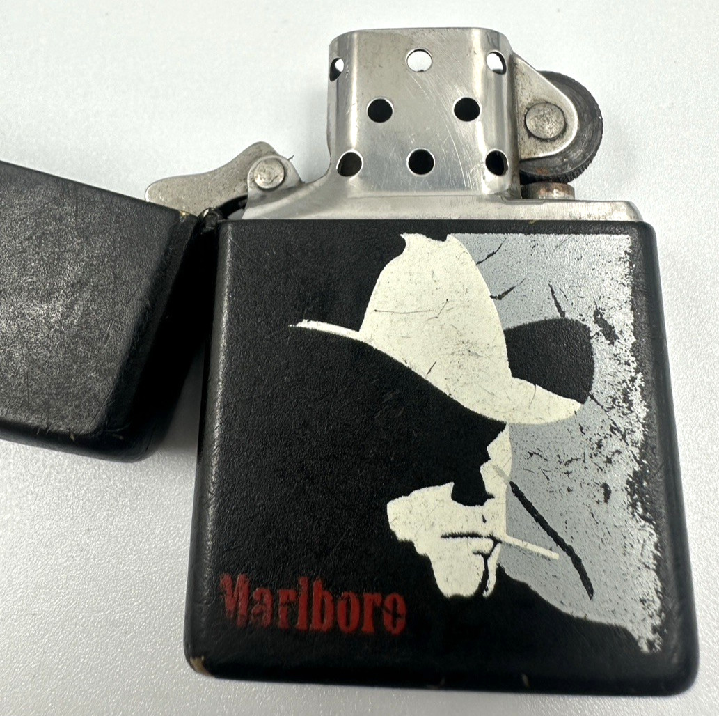 Zippo 1992 Black Matte Lighter Marlboro Man Smoking Cowboy Rare Collectible