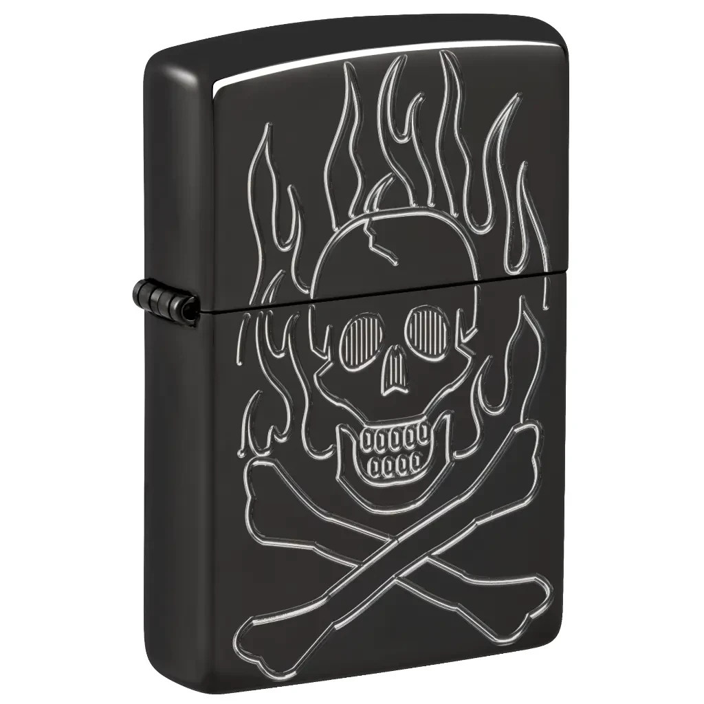 Zippo Flaming Skull Design Armor High Polish Black Textured Deep Carve 46930