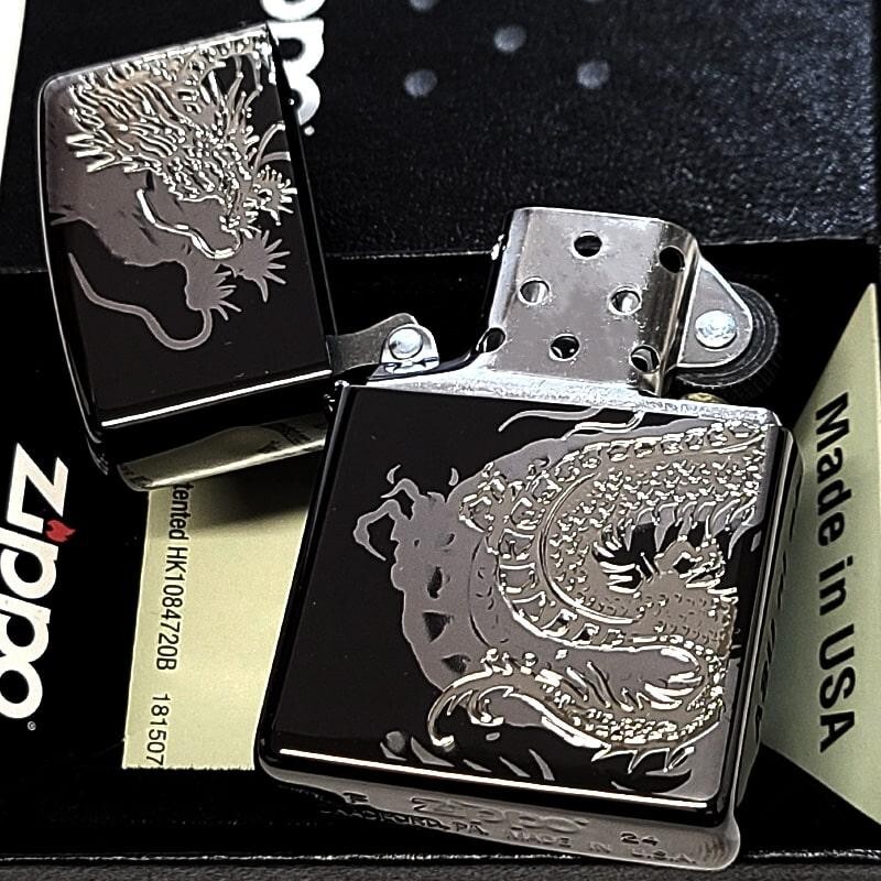 Zippo Dragon Etching Laser Engraving Black Nickel & Silver Regular Lighter Japan