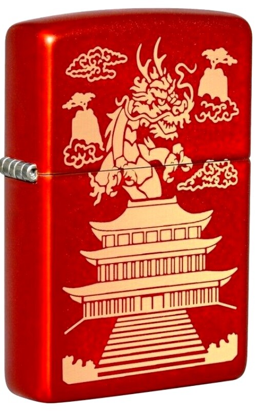ZIPPO LIGHTER – CHINESE DRAGON & TEMPLE – ENGRAAVED – METALLIC RED – MADE N USA