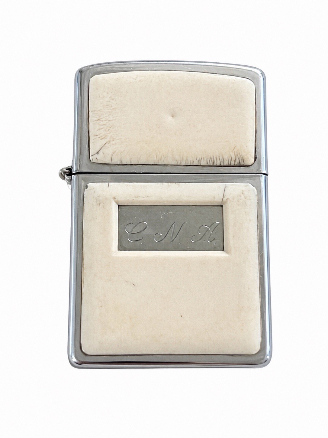 1985 Zippo Scrimshaw Lighter Ivory Inlay Monogram C.N.A. Hinge Repair USA