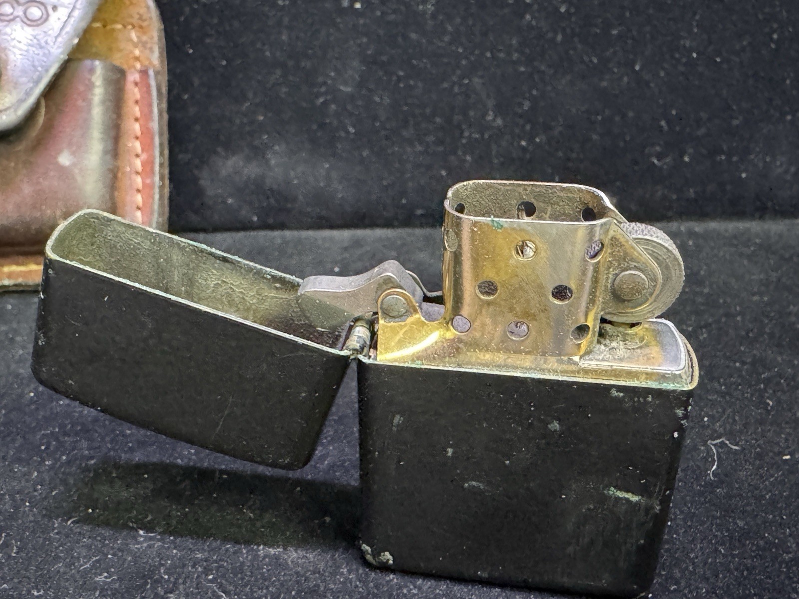 Zippo vintage Lighter K XII Black with brown leather belt holder USA tobacco