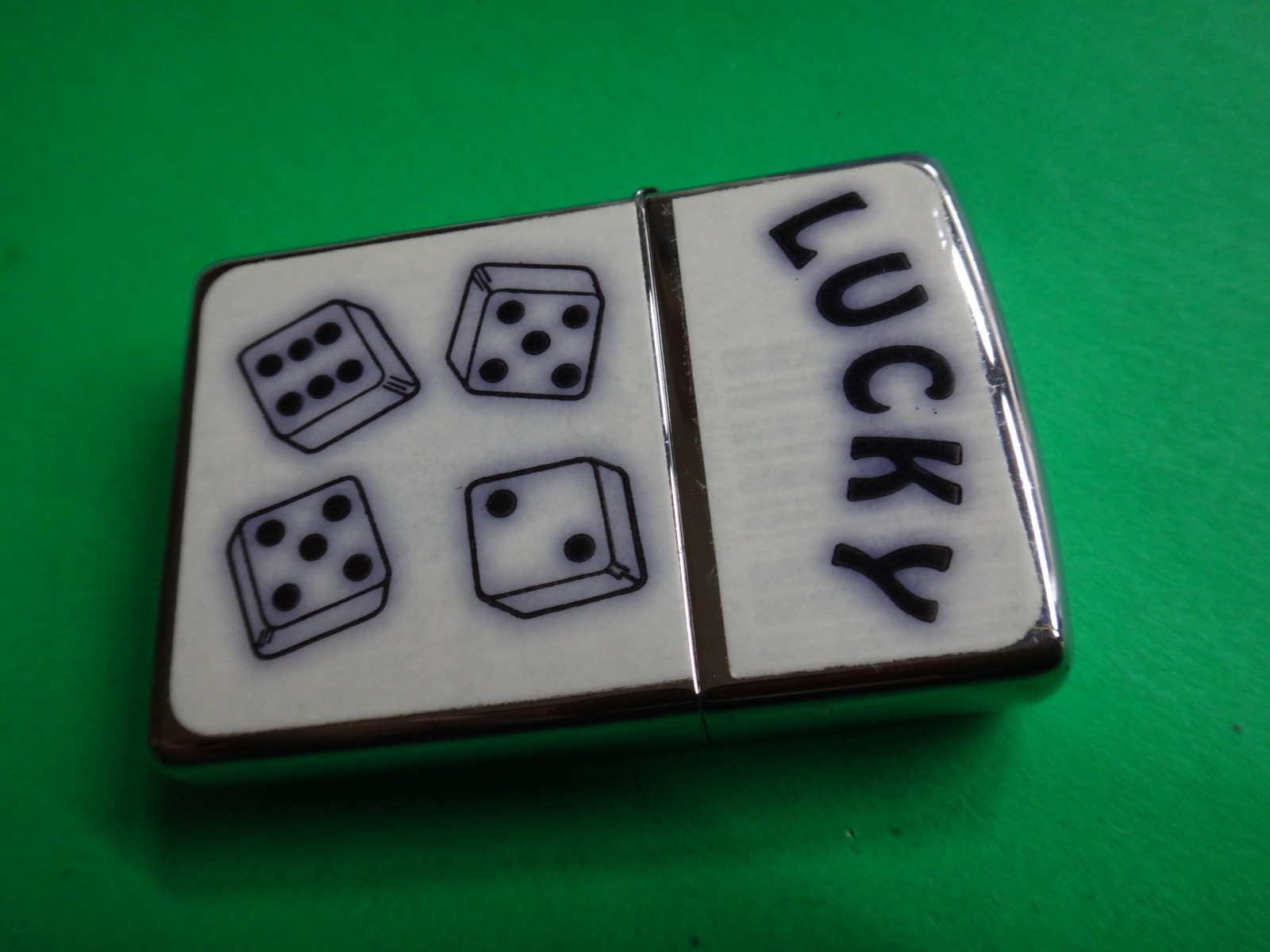 Year 2013 Polished Chrome Zippo Lighter LUCKY and 4 DICES Sticker